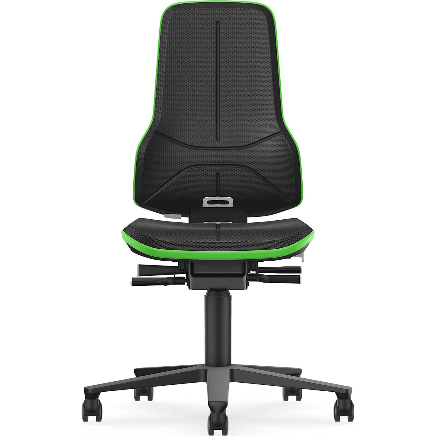 NEON ESD industrial swivel chair, castors, synchronous mechanism, skintec, green bumper.