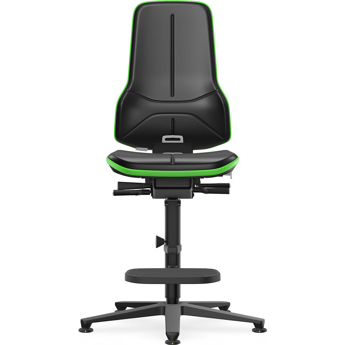 NEON ESD industrial swivel chair, floor glides, step-up, synchronous mechanism, vinyl, green bumper.