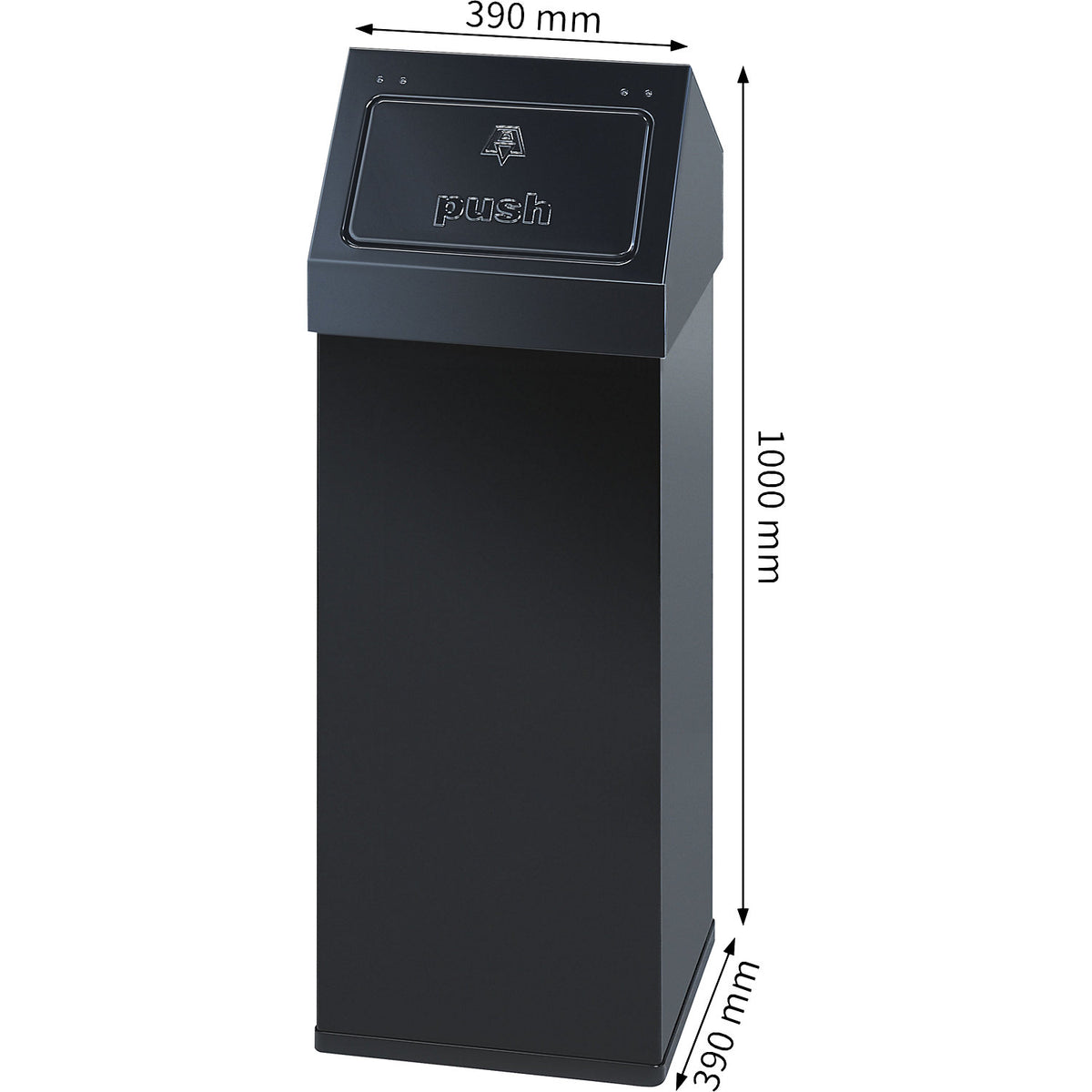 Waste collector, aluminium, with push lid, capacity 110 L, WxHxD 390 x 1000 x 390 mm, black.
