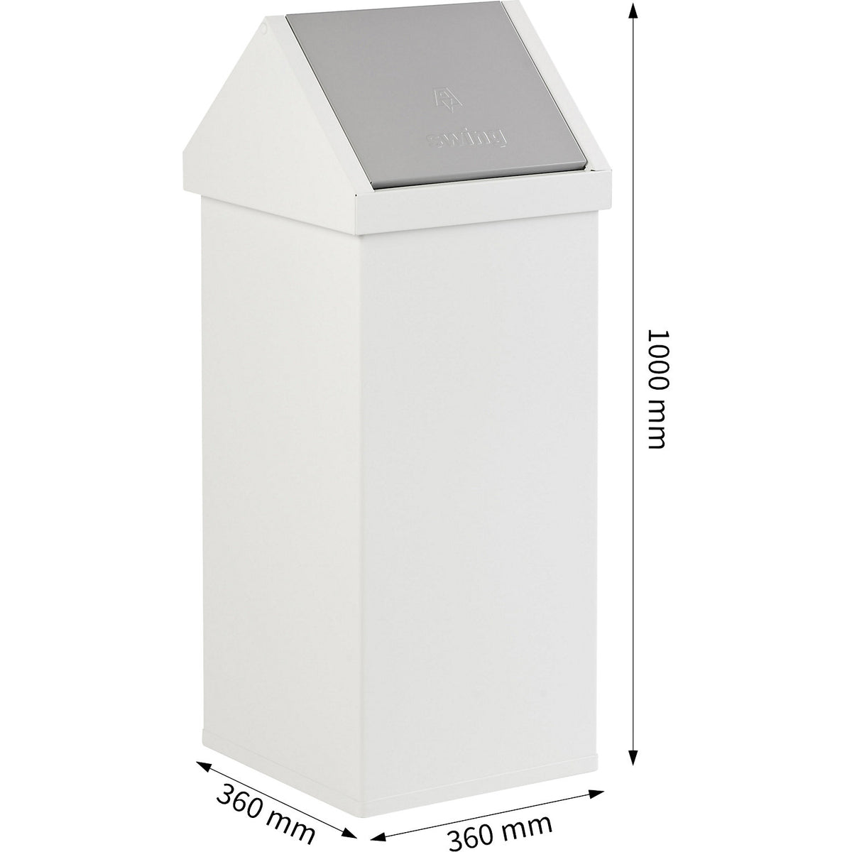 Waste collector, aluminium, with swing lid, capacity 110 l, WxHxD 360 x 1000 x 360 mm, white.