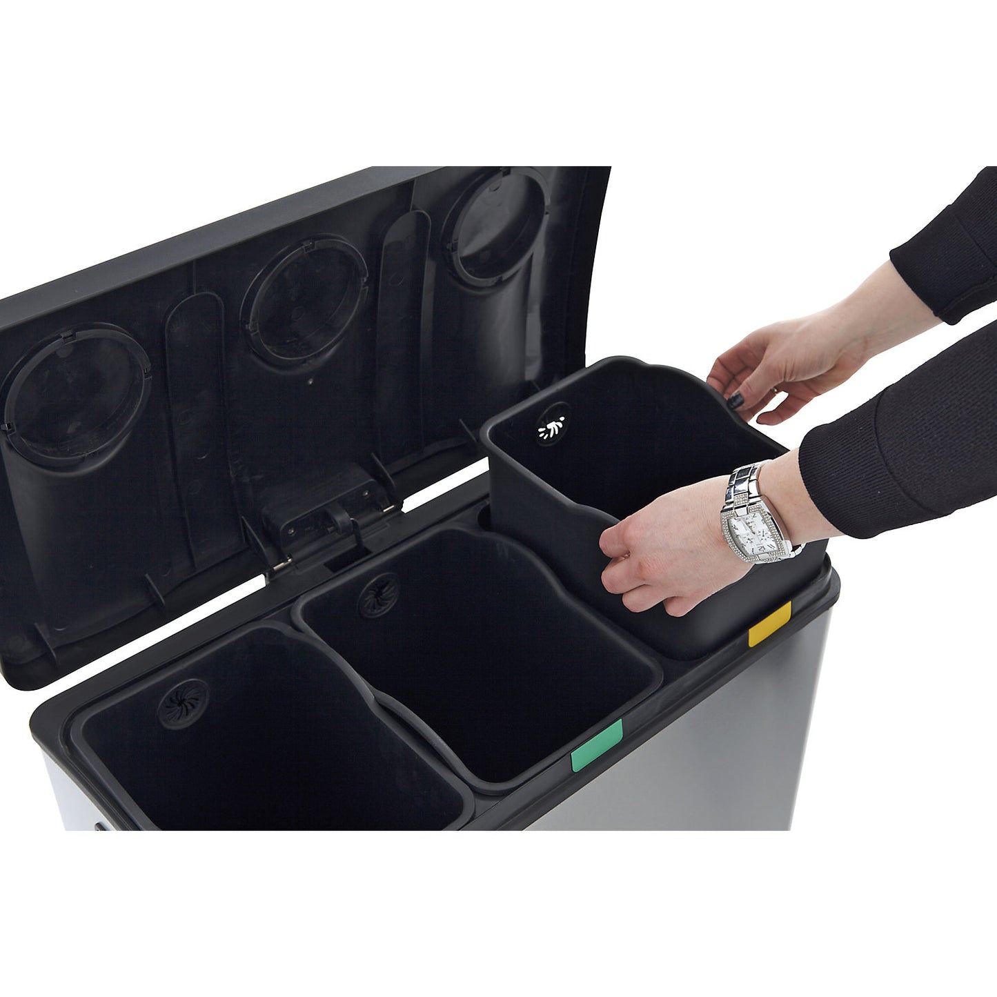 Pedal waste collector, capacity 3 x 12 l, WxHxD 592 x 431 x 382 mm, stainless steel, matt finish.