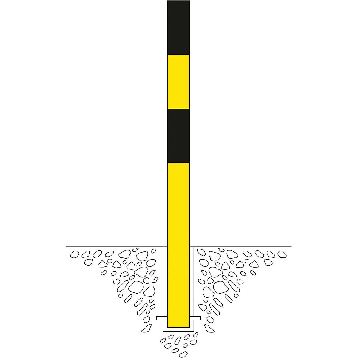 Bollard Morion, for setting in concrete, Ø 76 mm, painted black/yellow, 2 eyelets.