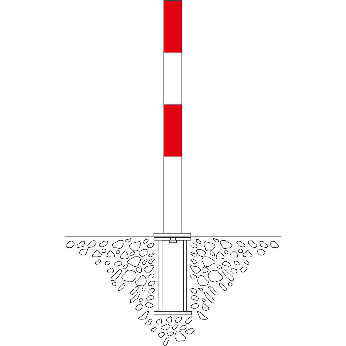 Barrier post made of steel, for setting in concrete, Ø 76 mm, red/white, 1 chain eyelet.