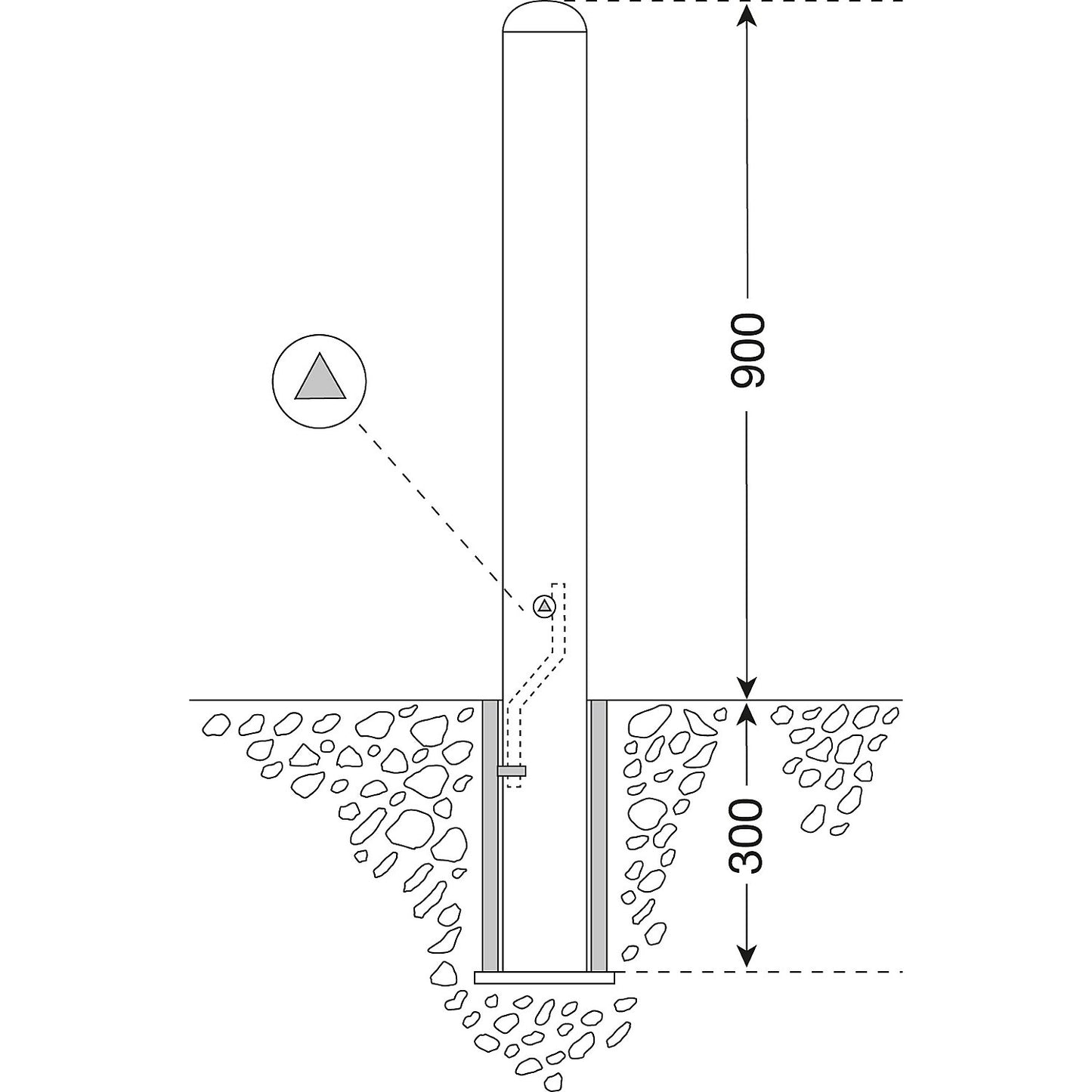 Stainless steel bollard, ground sleeve for removal, with triangle lock, Ø 60 mm.