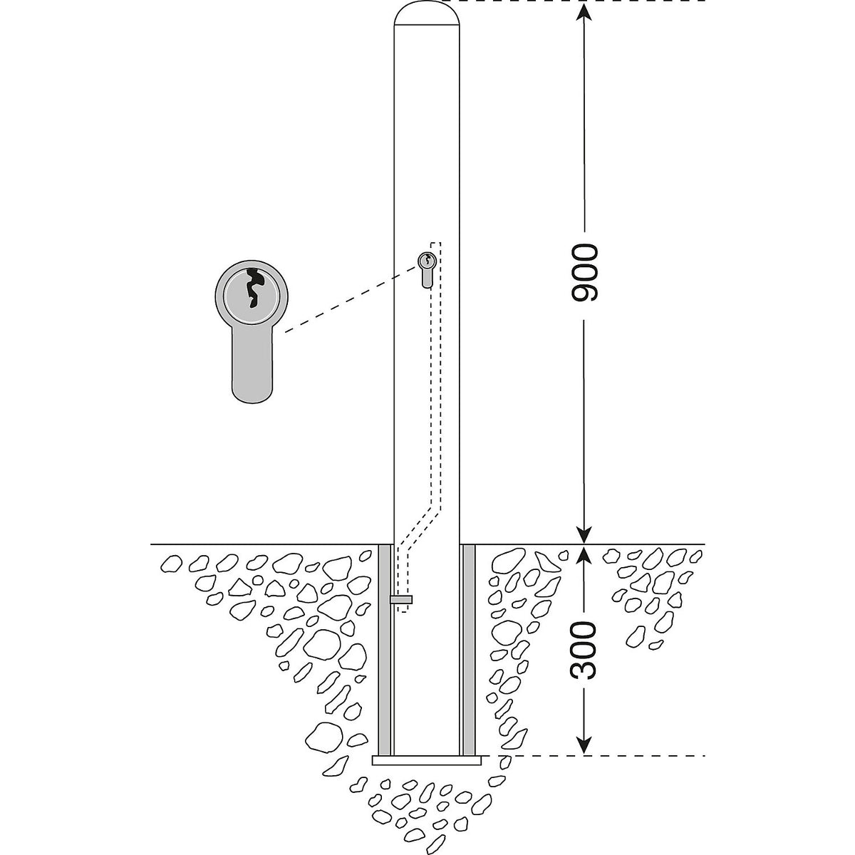 Stainless steel bollard, ground sleeve for removal, with cylinder lock, Ø 108 mm.