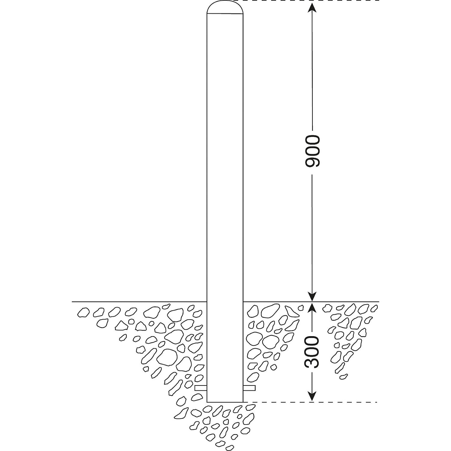 Stainless steel bollard, for concreting in, Ø 108 mm.