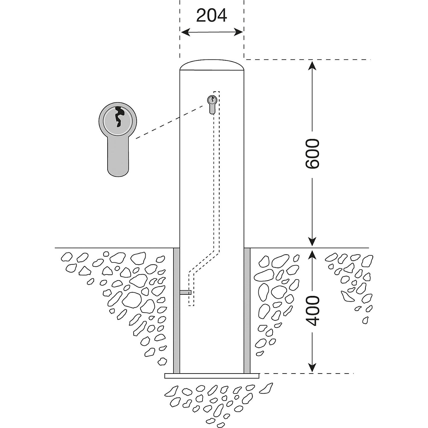 XL stainless steel bollard, for removal, with cylinder lock, Ø 204 mm.