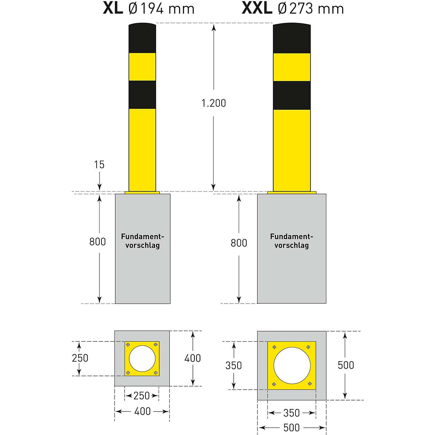 Crash protection bollard, size XL, black/yellow, for bolting in place.