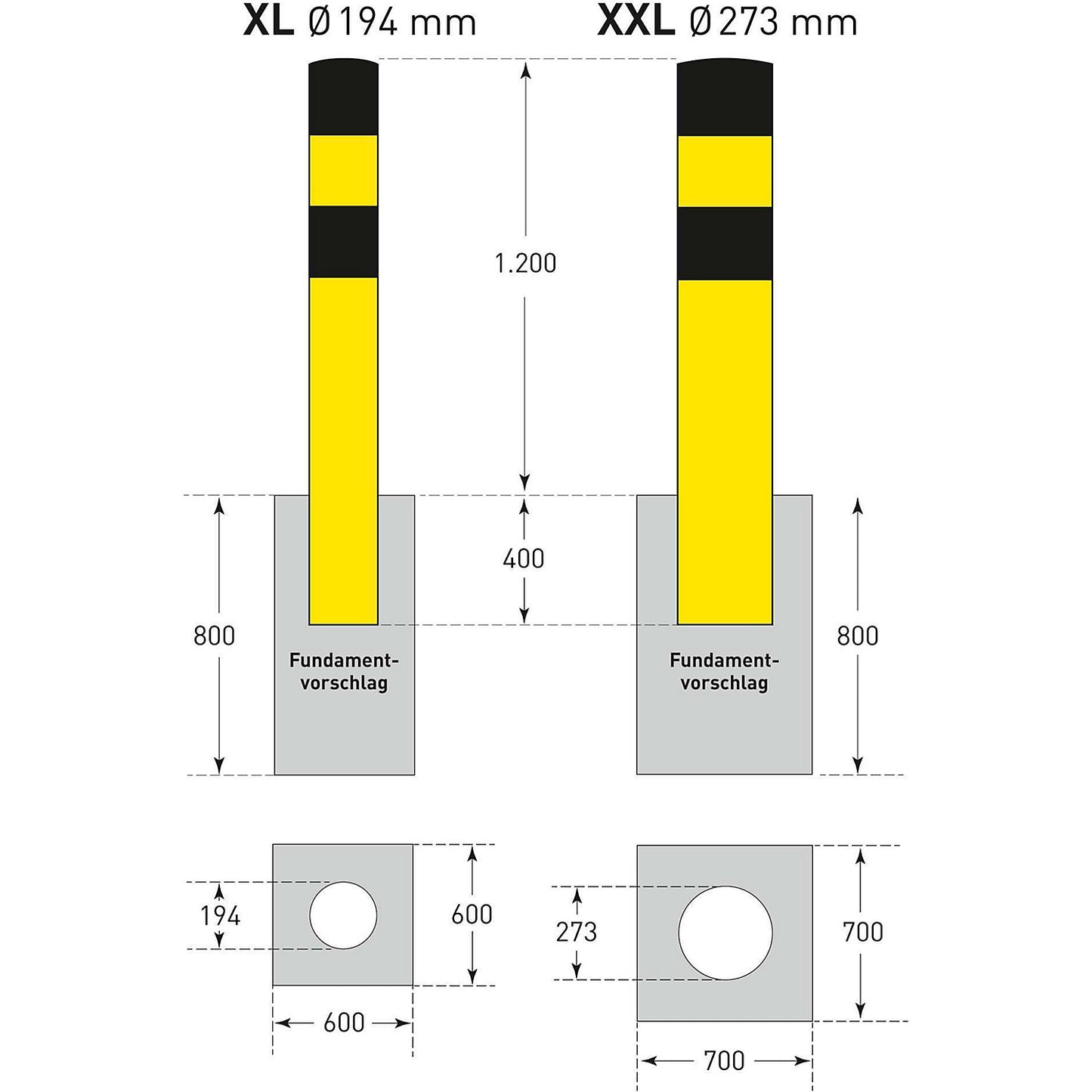 Crash protection bollard, size XL, black/yellow, for concreting in.