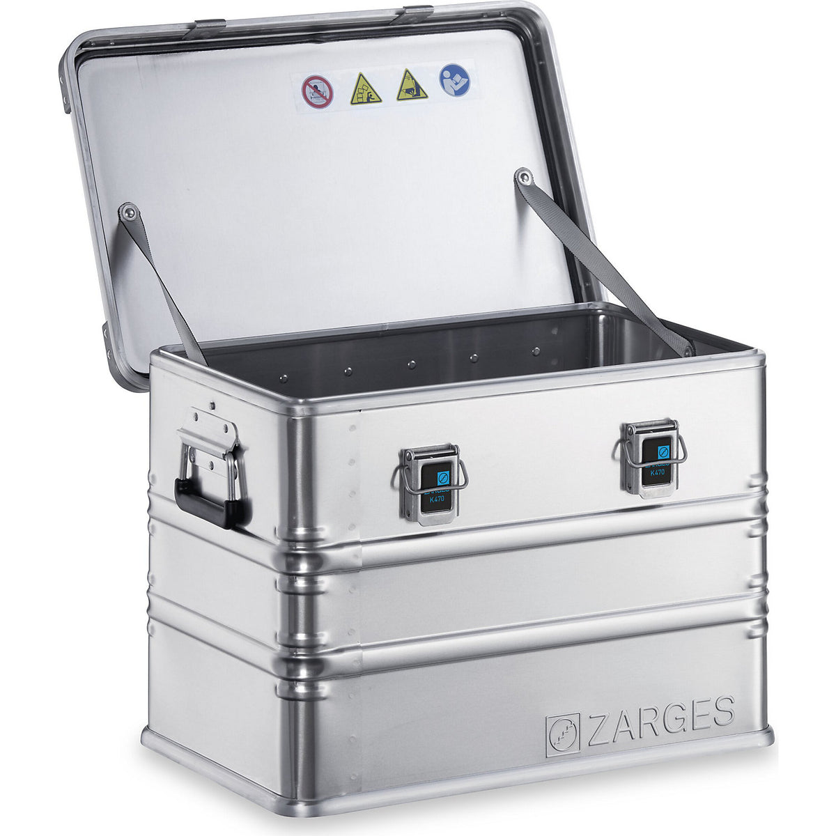 Aluminium transport case, capacity 73 l, internal LxWxH 550 x 350 x 380 mm, robust construction.