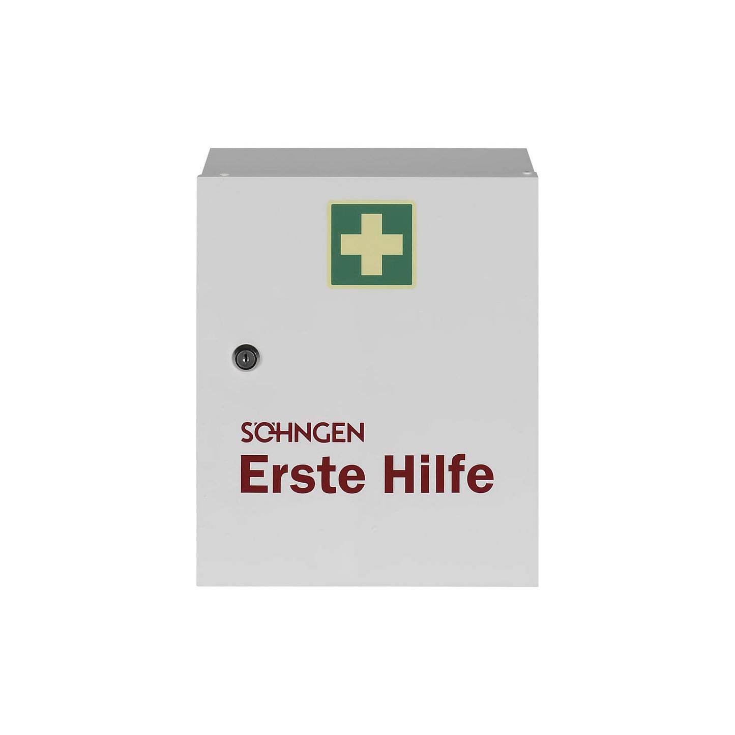 First aid cupboard, DIN 13157, with contents, white, depth 140 mm, HxW 362 x 302 mm.