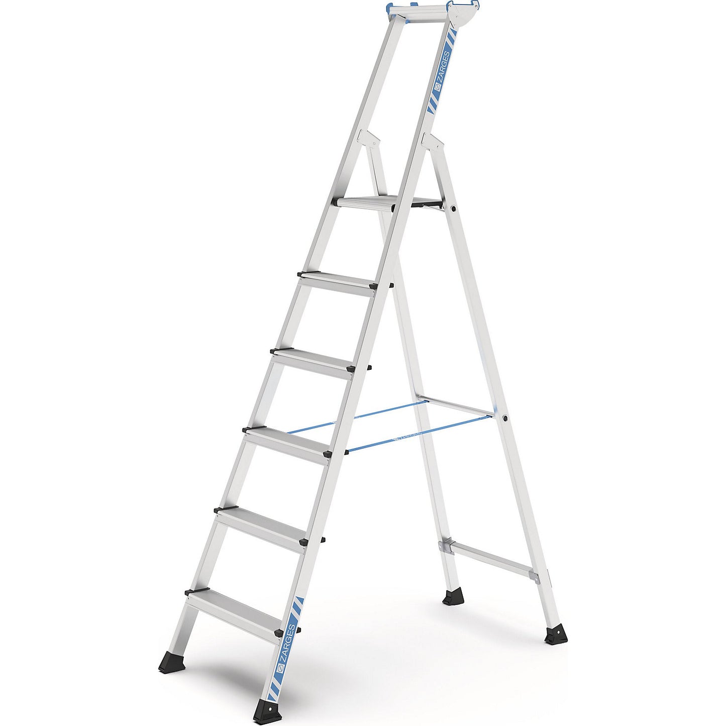 Professional step ladder, single sided access, anodised aluminium, with tool tray, for workshop and industrial use, 6 steps inclusive platforms.