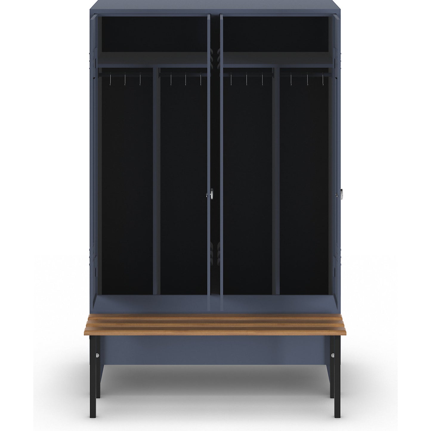 Berlin 2 clean and dirty locker with bench seat, centre divider, 2 compartments, blue grey, W 1200 mm, bench mounted in front, beech wood.