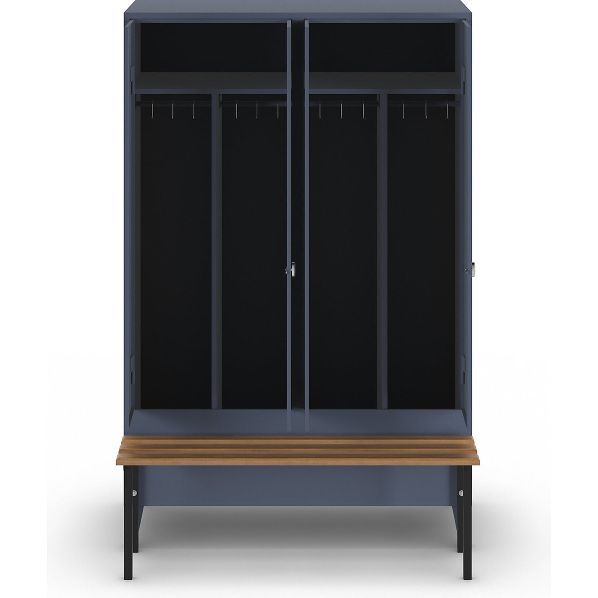 Berlin 1 clean and dirty locker with bench seat, centre divider, 2 compartments, blue grey, W 1200 mm, bench mounted in front, beech wood.