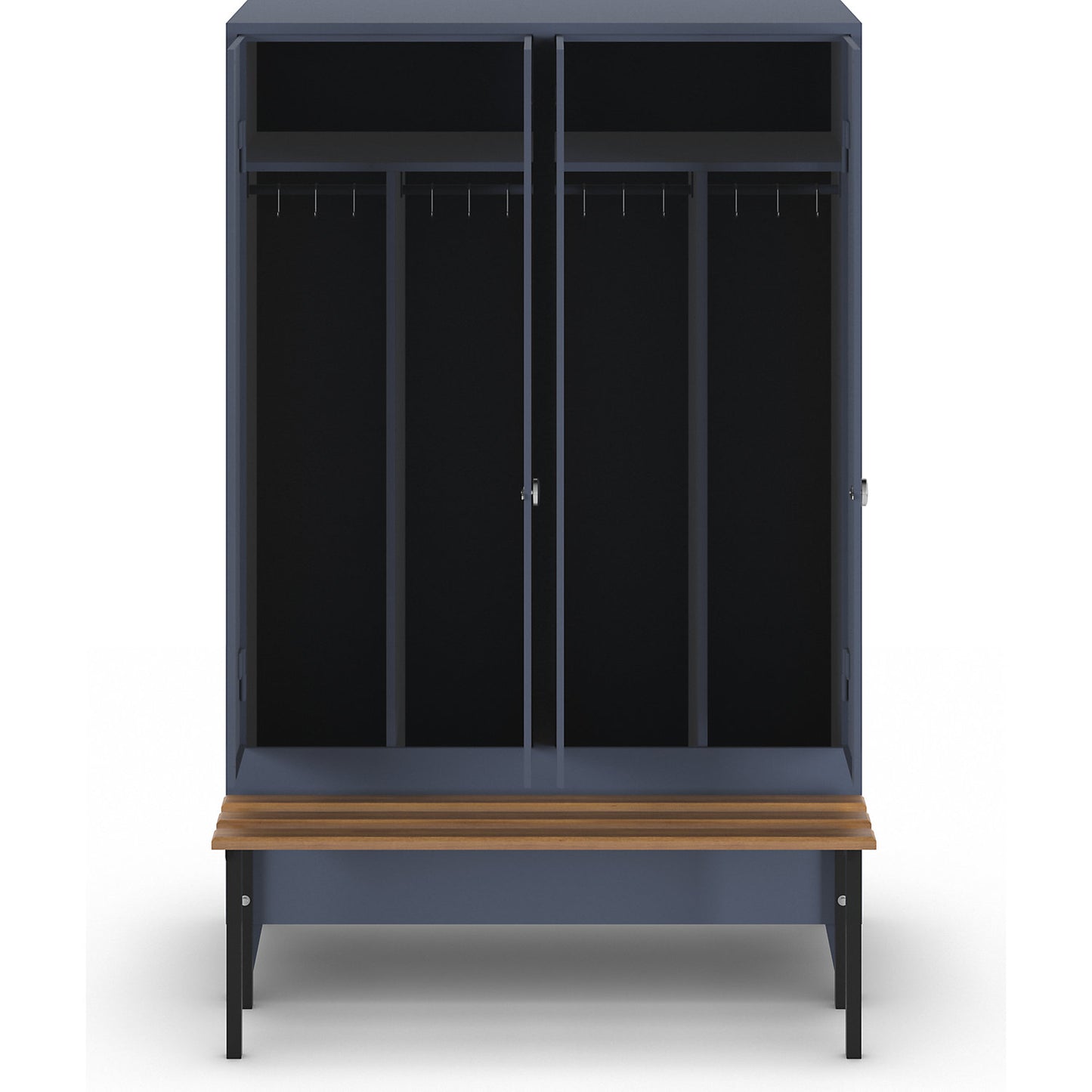 Berlin 1 clean and dirty locker with bench seat, centre divider, 2 compartments, blue grey, W 1200 mm, bench mounted in front, beech wood.