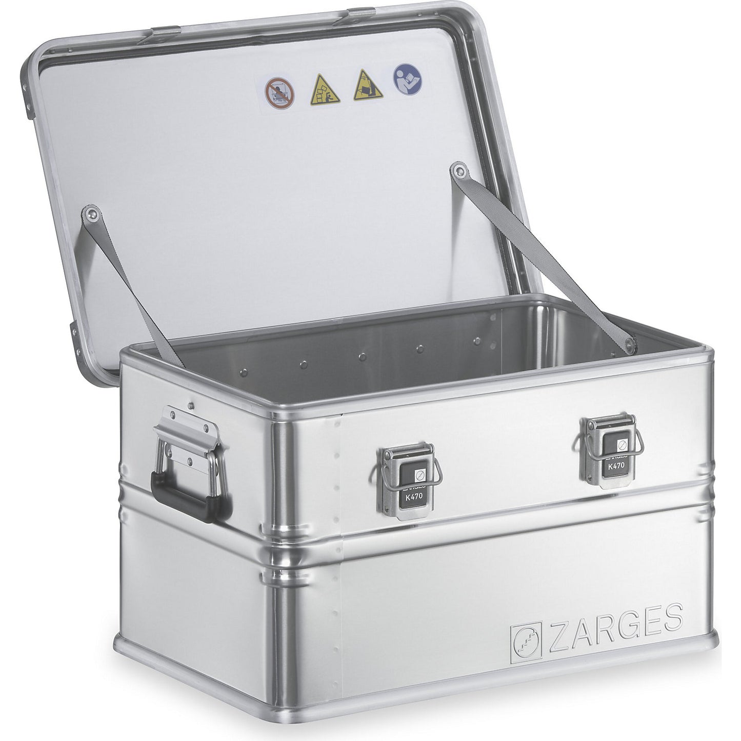 Aluminium transport case, capacity 60 l, internal LxWxH 550 x 350 x 310 mm, robust construction.