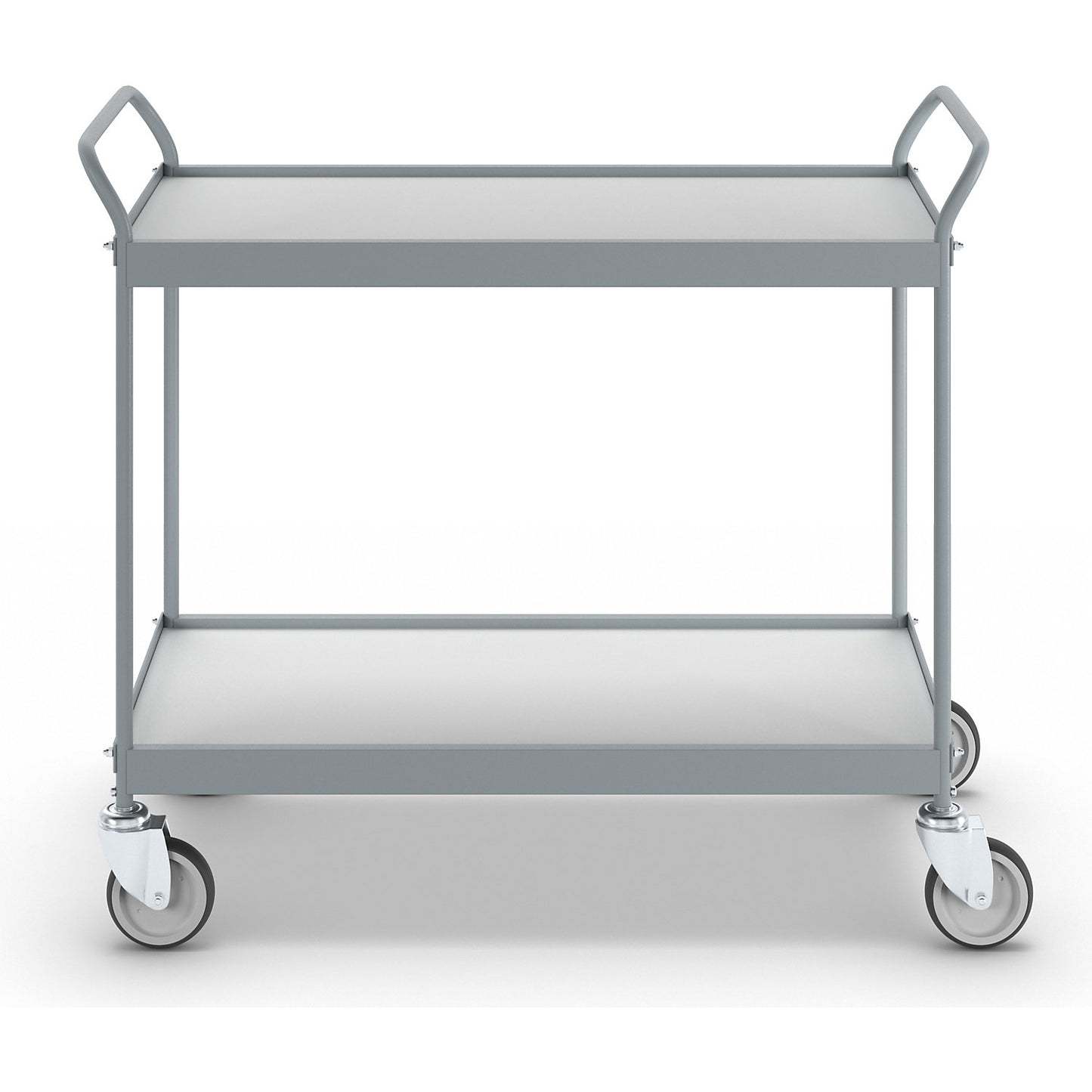 Serving trolley, platform 990 x 545 mm, max. load 150 kg, 2 shelves, 4 swivel castors.