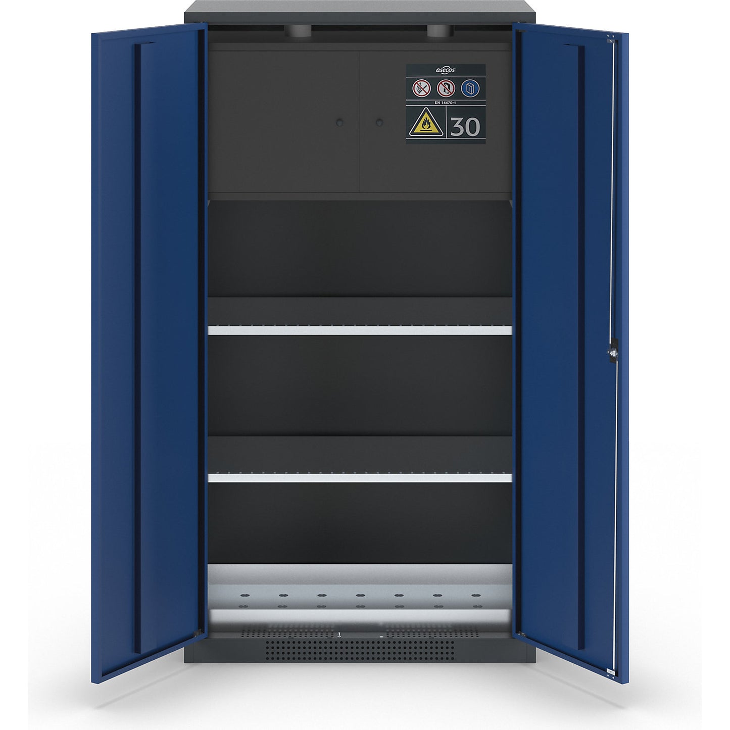 Chemical storage cupboard, solid door, with type 30 hazardous goods storage box, gentian blue.