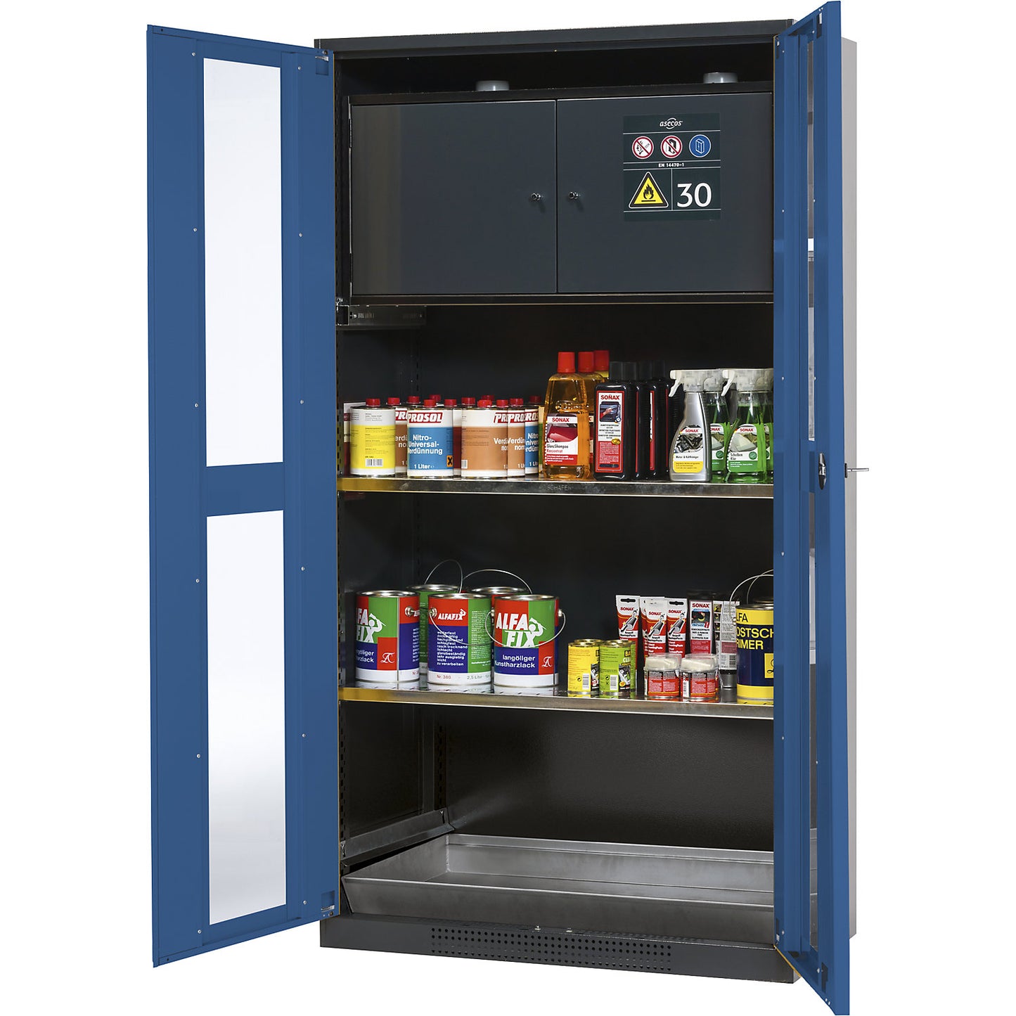 Chemical storage cupboard, door with vision panels, with type 30 hazardous goods storage box, gentian blue.