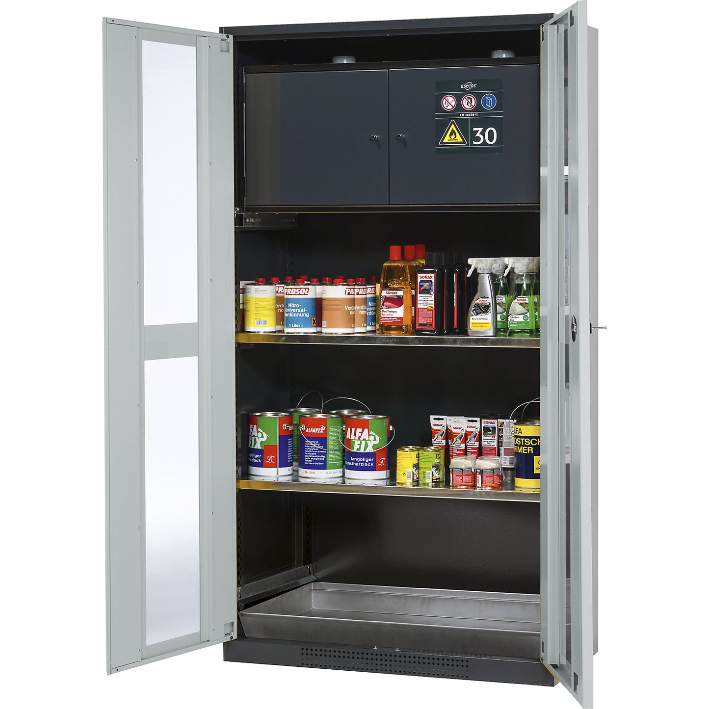 Chemical storage cupboard, door with vision panels, with type 30 hazardous goods storage box, light grey.