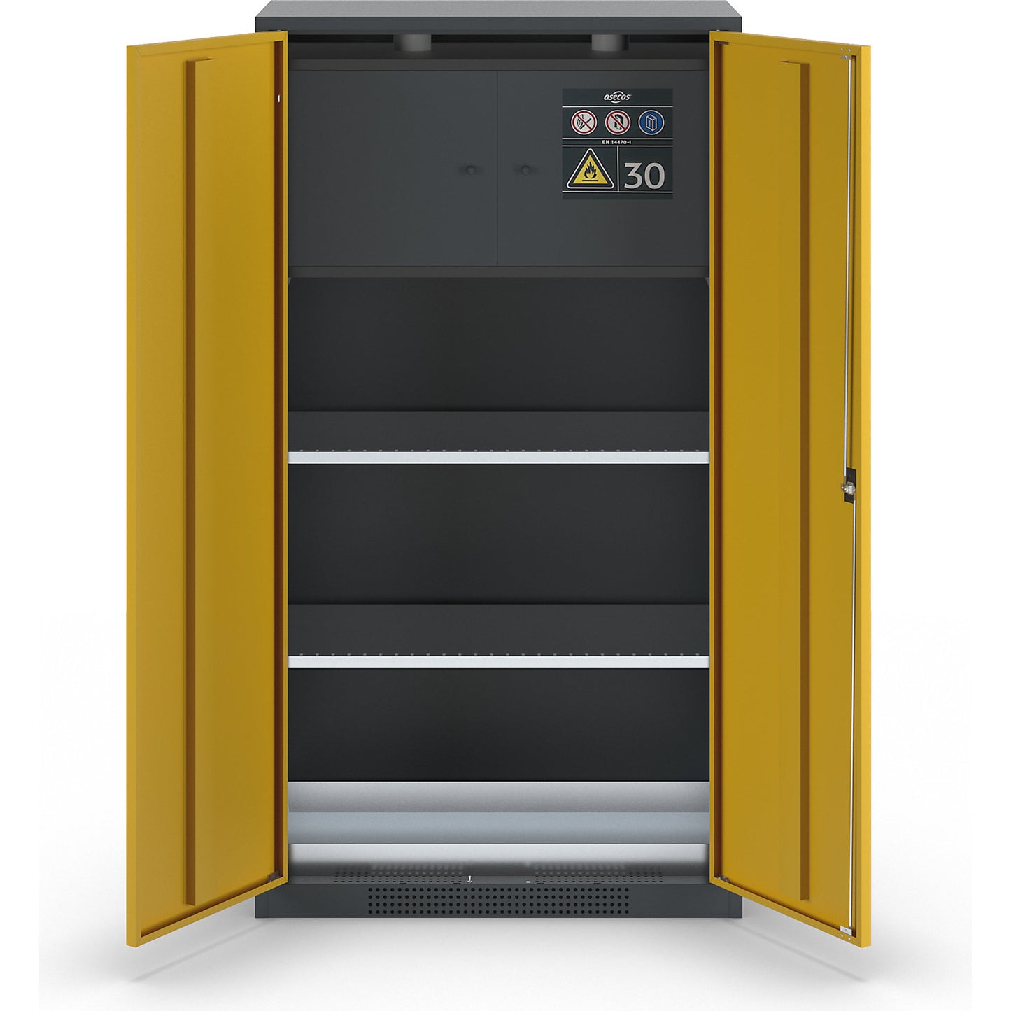 Chemical storage cupboard, solid door, with type 30 hazardous goods storage box, gold yellow.
