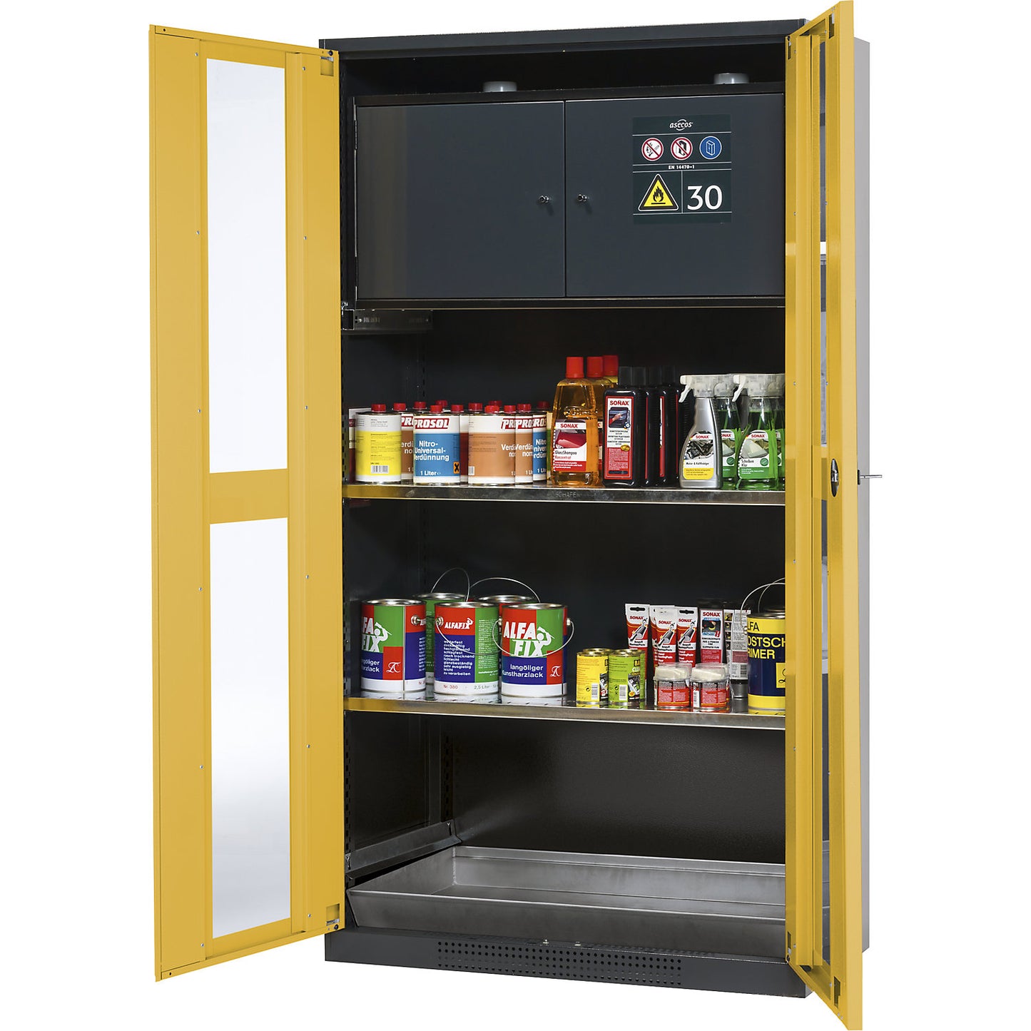 Chemical storage cupboard, door with vision panels, with type 30 hazardous goods storage box, gold yellow.