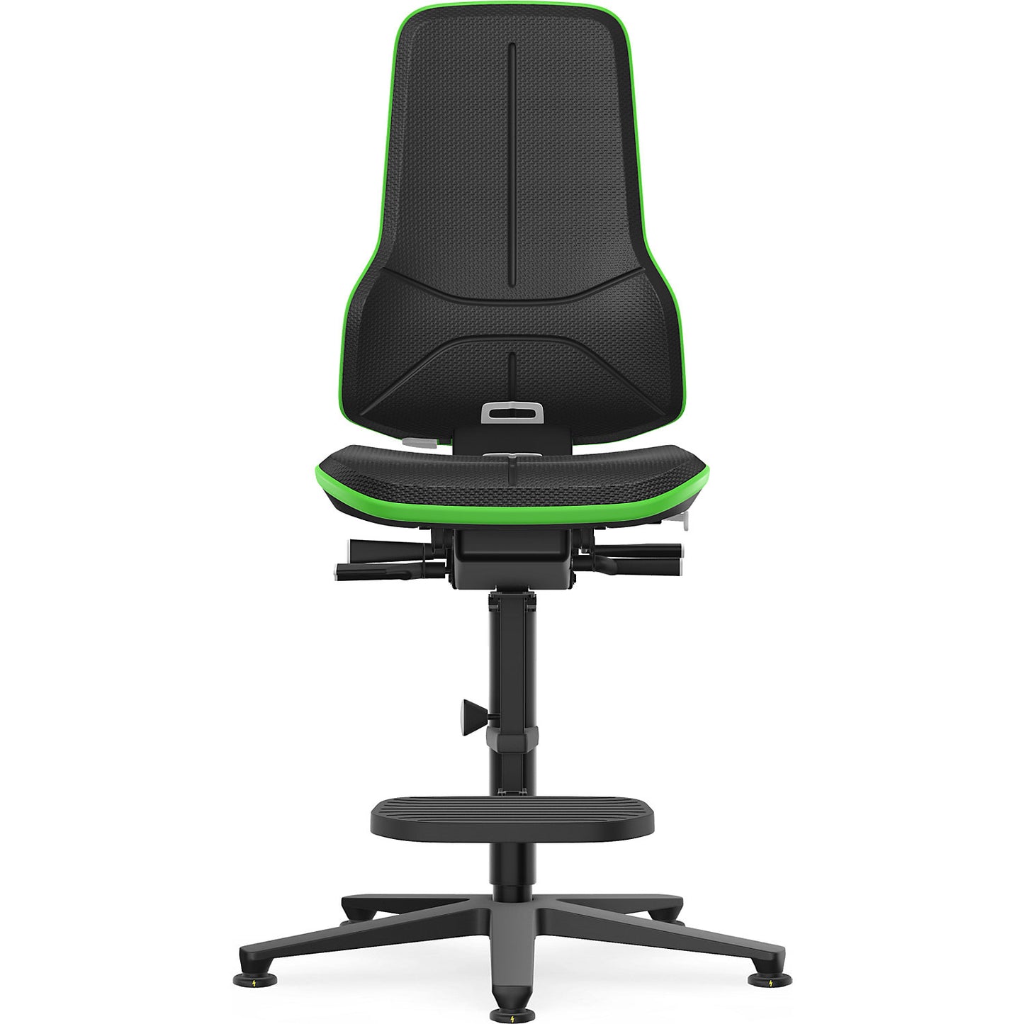 NEON ESD industrial swivel chair, floor glides, step-up, synchronous mechanism, skintec, green bumper.