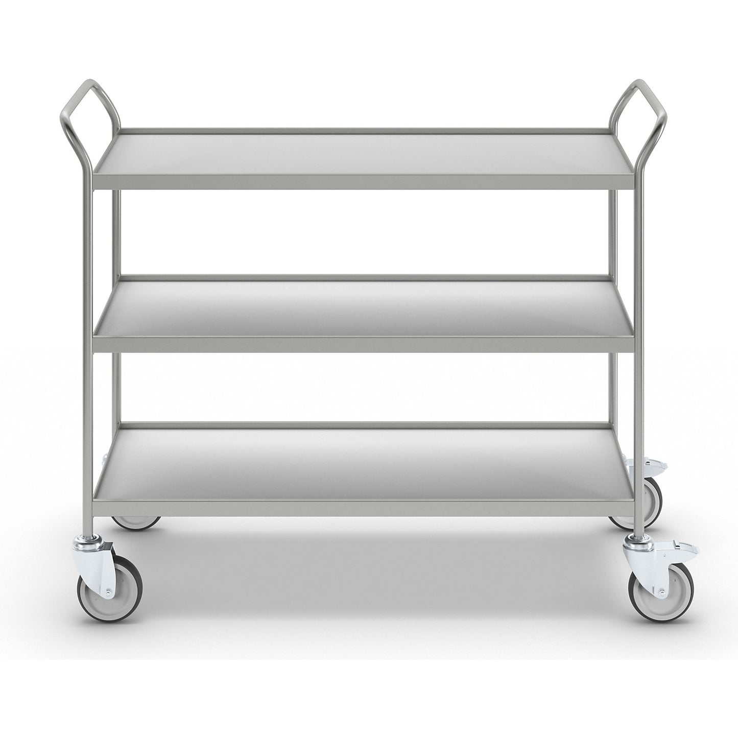 Serving trolley, 3 shelves in grey, with 4 swivel castors, 2 with double stops.