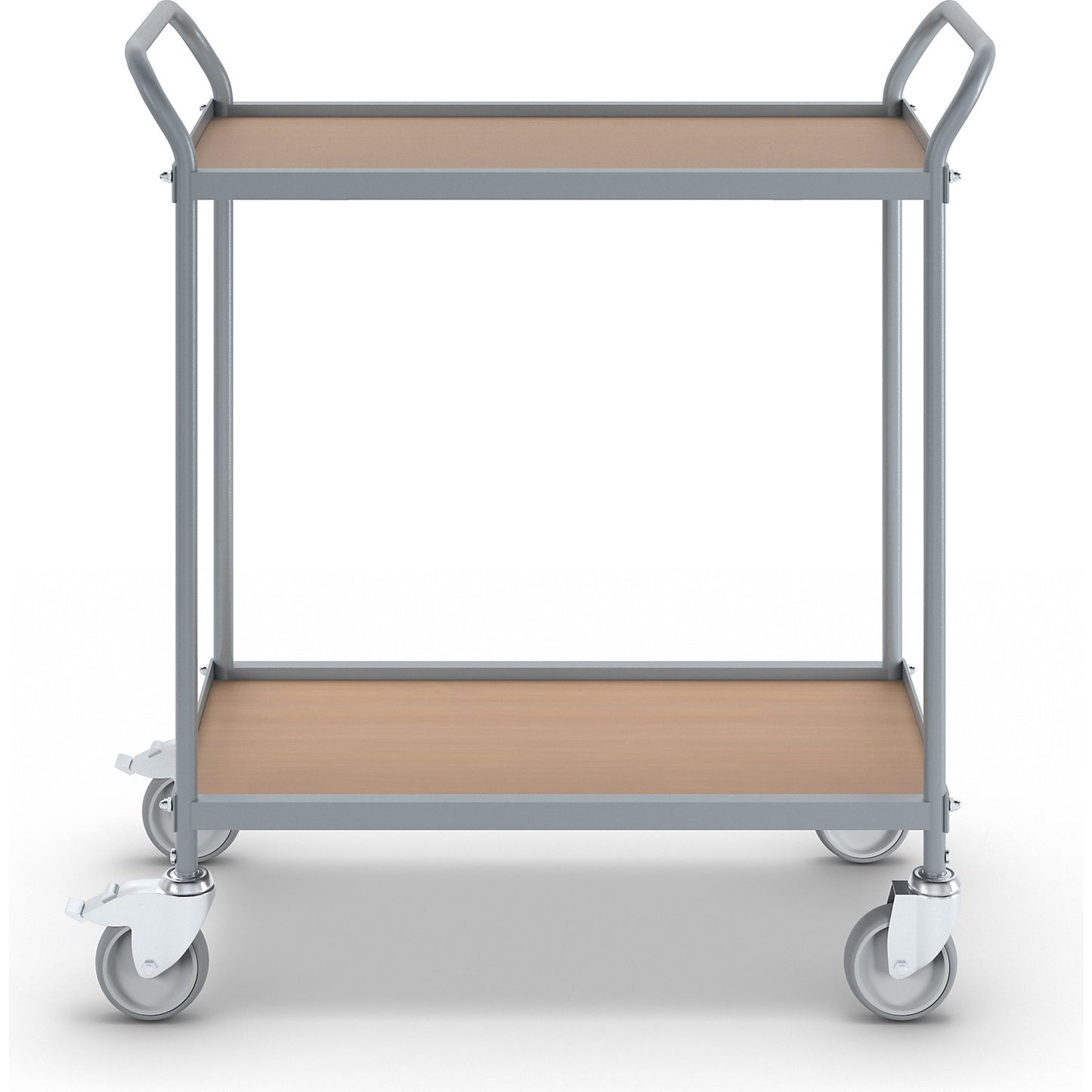 Serving trolley, shelf height 530 mm, 2 shelves, with 4 swivel castors, 2 with double stops, wheel Ø 100 mm.
