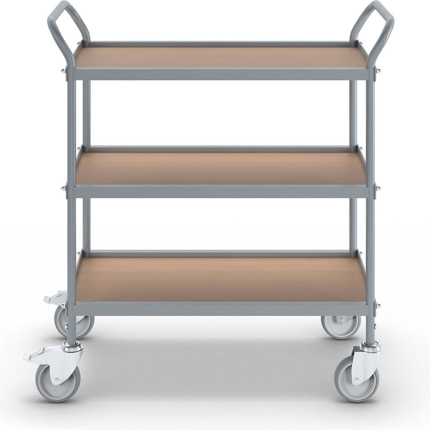 Serving trolley, shelf height 250 mm, 3 shelves, with 4 swivel castors, 2 with double stops, wheel Ø 100 mm.