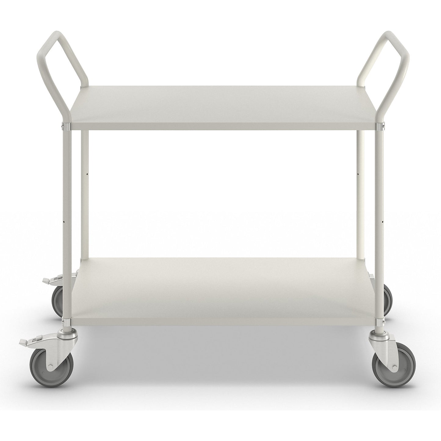 Lightweight shelf truck, height 940 mm, with 2 metal shelves, white, 2 swivel castors with stops.