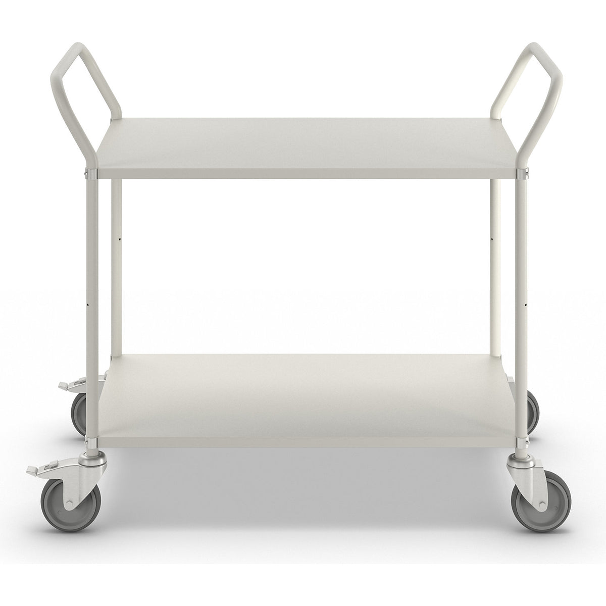 Lightweight shelf truck, height 940 mm, with 2 metal shelves, white, 2 swivel castors with stops.