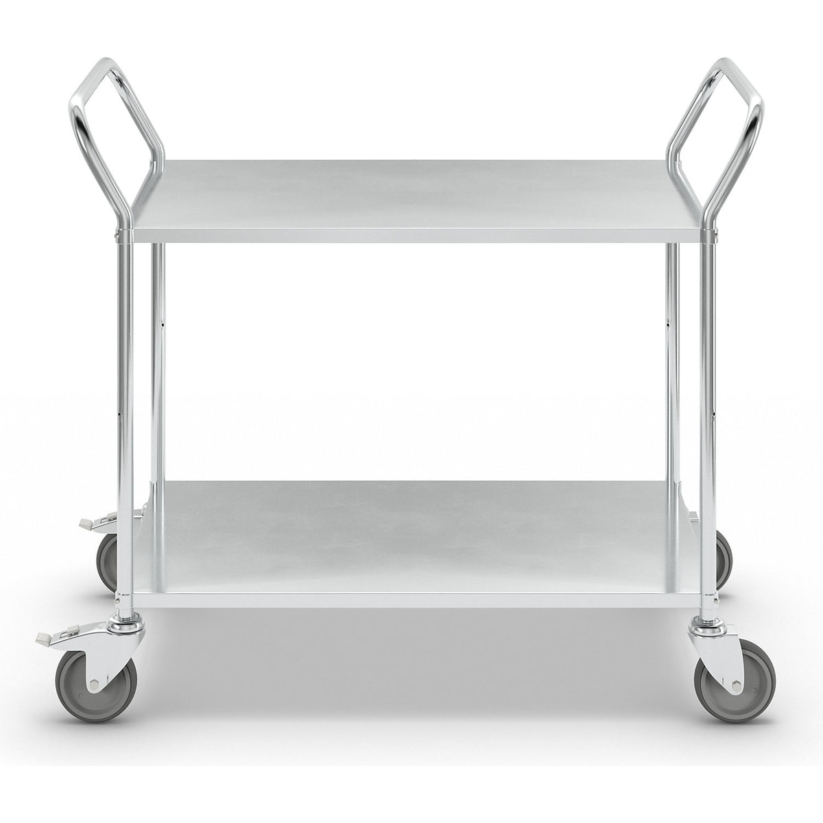 Lightweight shelf truck, height 940 mm, with 2 metal shelves, electrolytically zinc plated, 2 swivel castors with stops.