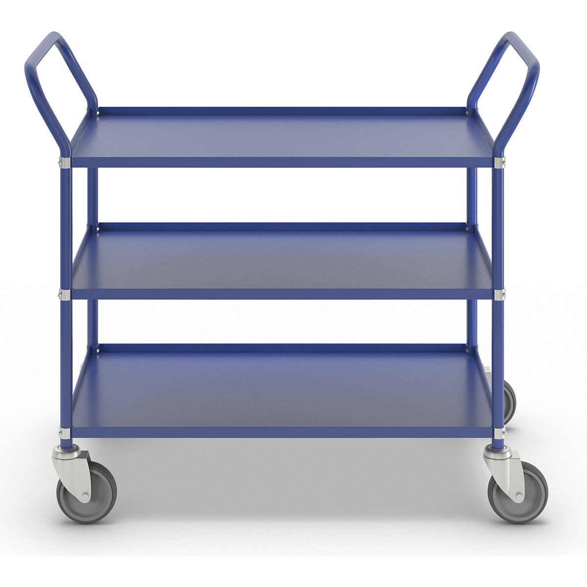 Lightweight shelf truck, height 940 mm, with 3 metal shelves, blue, 4 swivel castors.