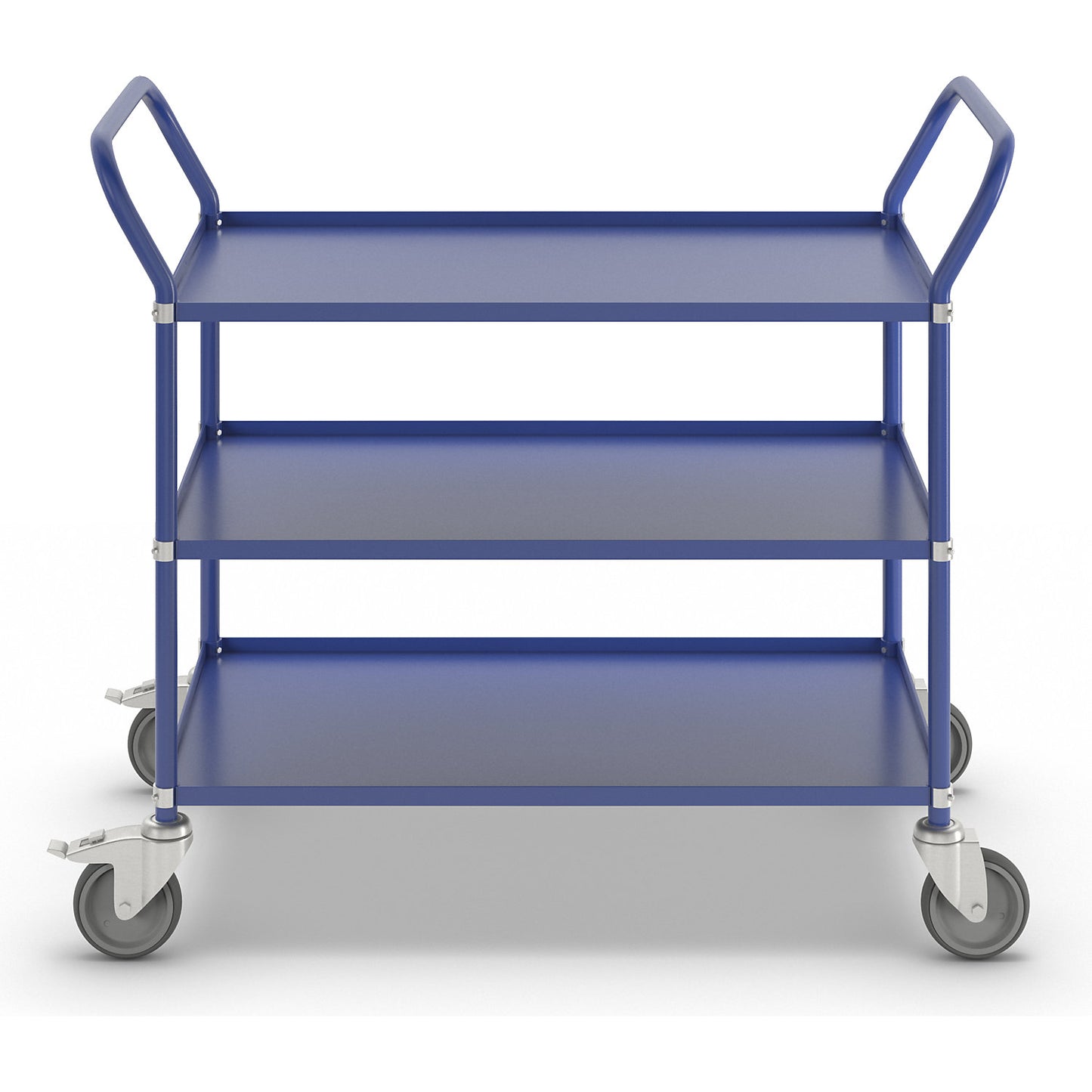 Lightweight shelf truck, height 940 mm, with 3 metal shelves, blue, 2 swivel castors with stops.