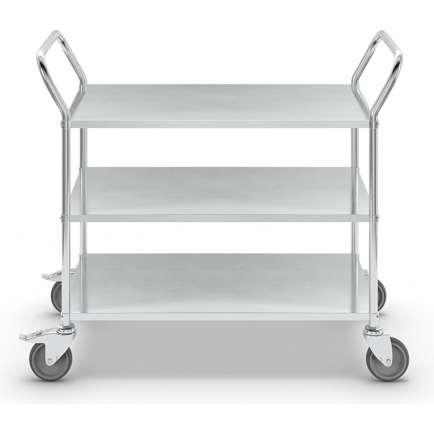 Lightweight shelf truck, height 940 mm, with 3 metal shelves, electrolytically zinc plated, 2 swivel castors with stops.