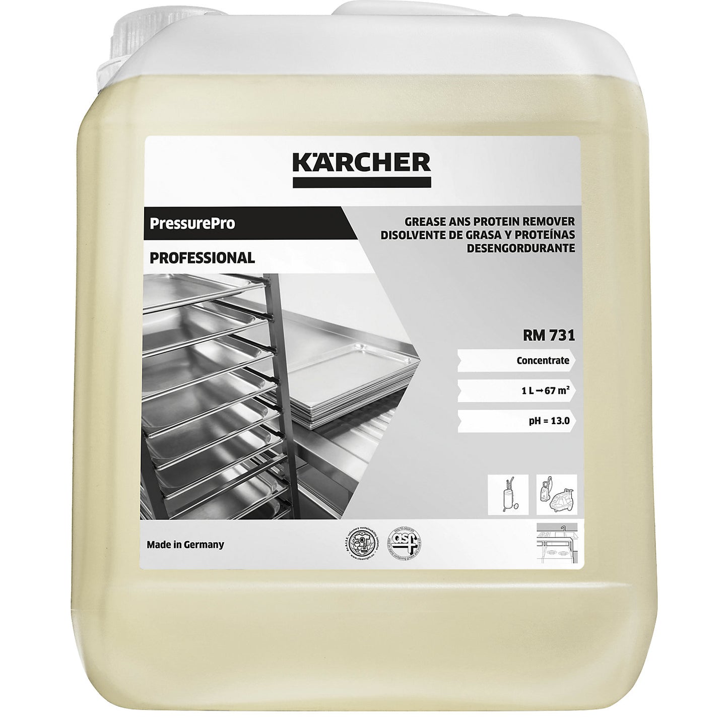 RM 731 grease and protein remover, capacity 5 l, for high pressure cleaners and manual cleaning.