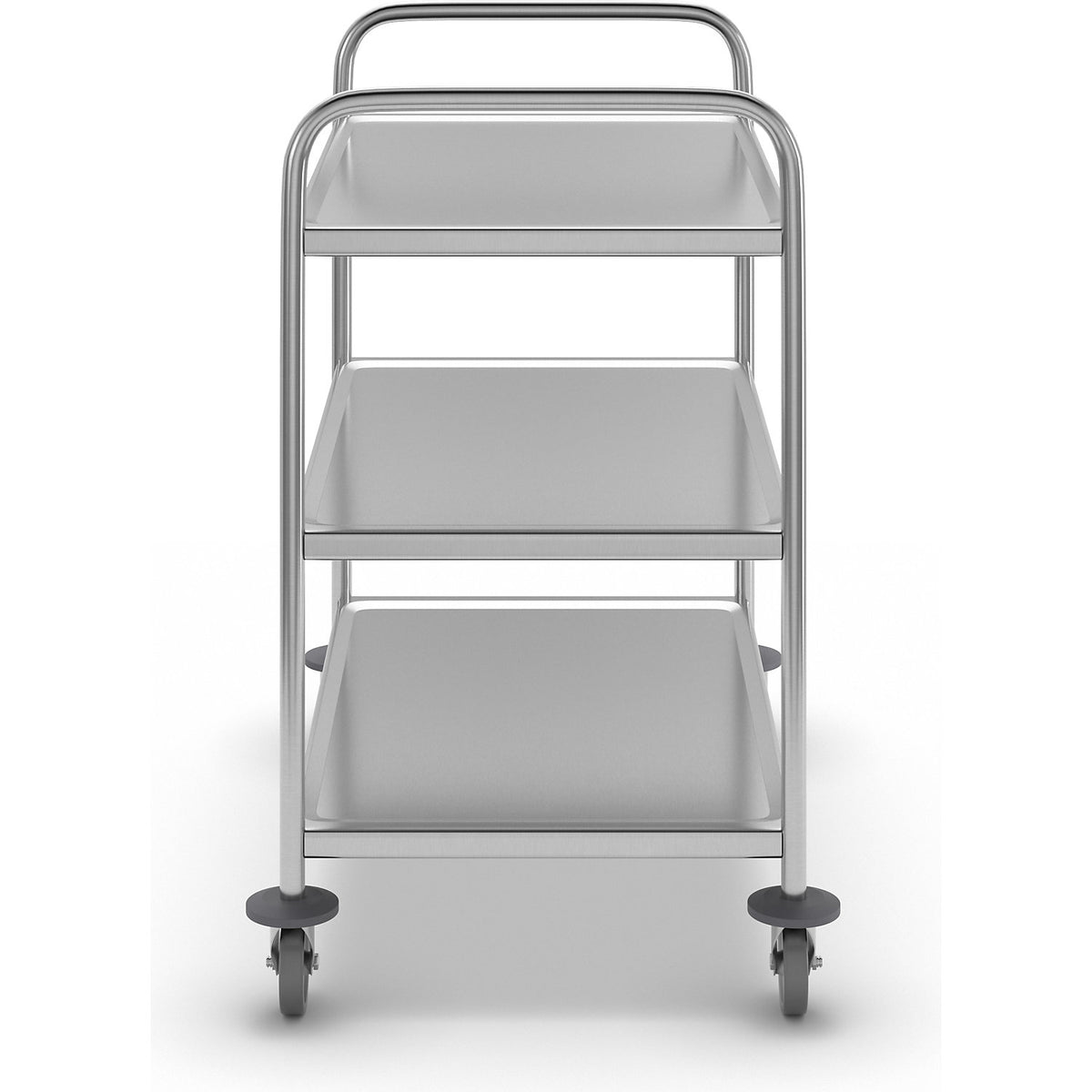 Stainless steel serving trolley, LxWxH 710 x 400 x 805 mm, with 3 shelves.