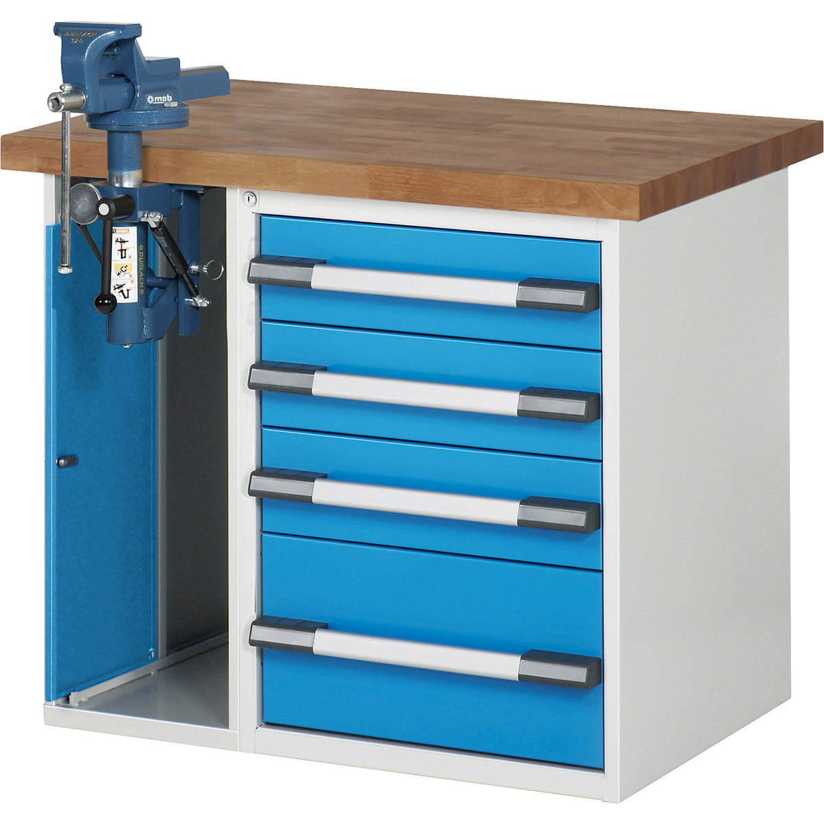 Workbench with vice cupboard, Series 7000 modular system, 1 fixed pedestal with 4 drawers, 1 vice (folding lift) on the left side, WxD 1000 x 700 mm.