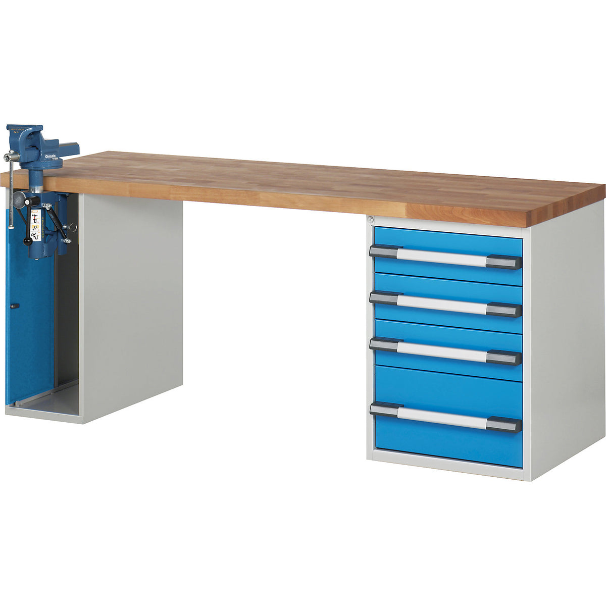 Workbench with vice cupboard, Series 7000 modular system, 1 fixed pedestal with 4 drawers, 1 vice container (folding lift) on the left, WxD 2000 x 700 mm.