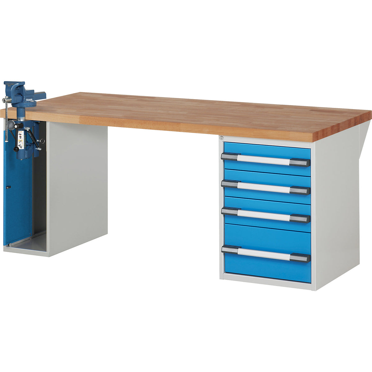 Workbench with vice cupboard, Series 7000 modular system, 1 fixed pedestal with 4 drawers, 1 vice container (folding lift) on the left, WxD 2000 x 900 mm.