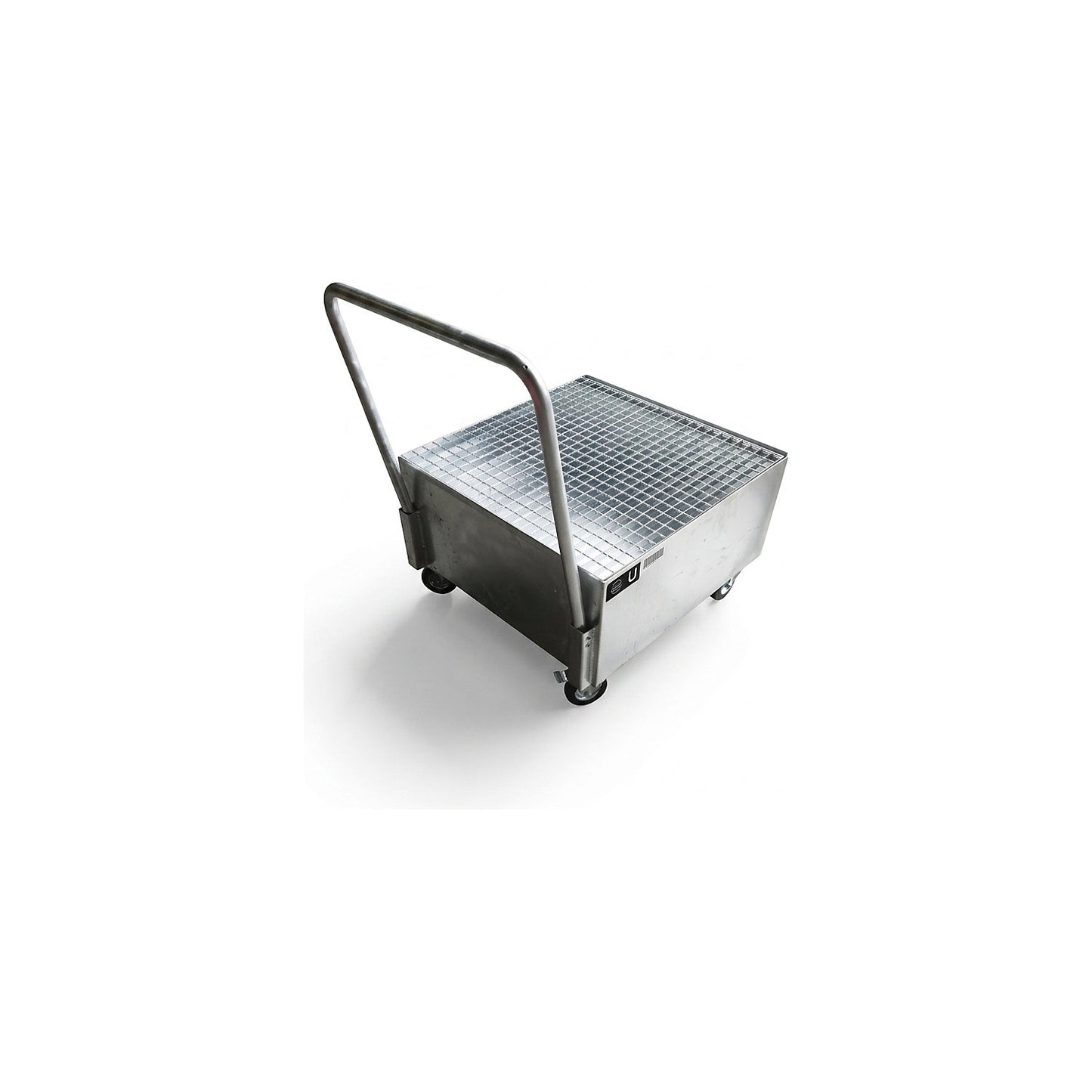 Mobile sump tray made of sheet steel, LxW 800 x 800 mm, 1 x 200 l vertical drum, hot dip galvanised.