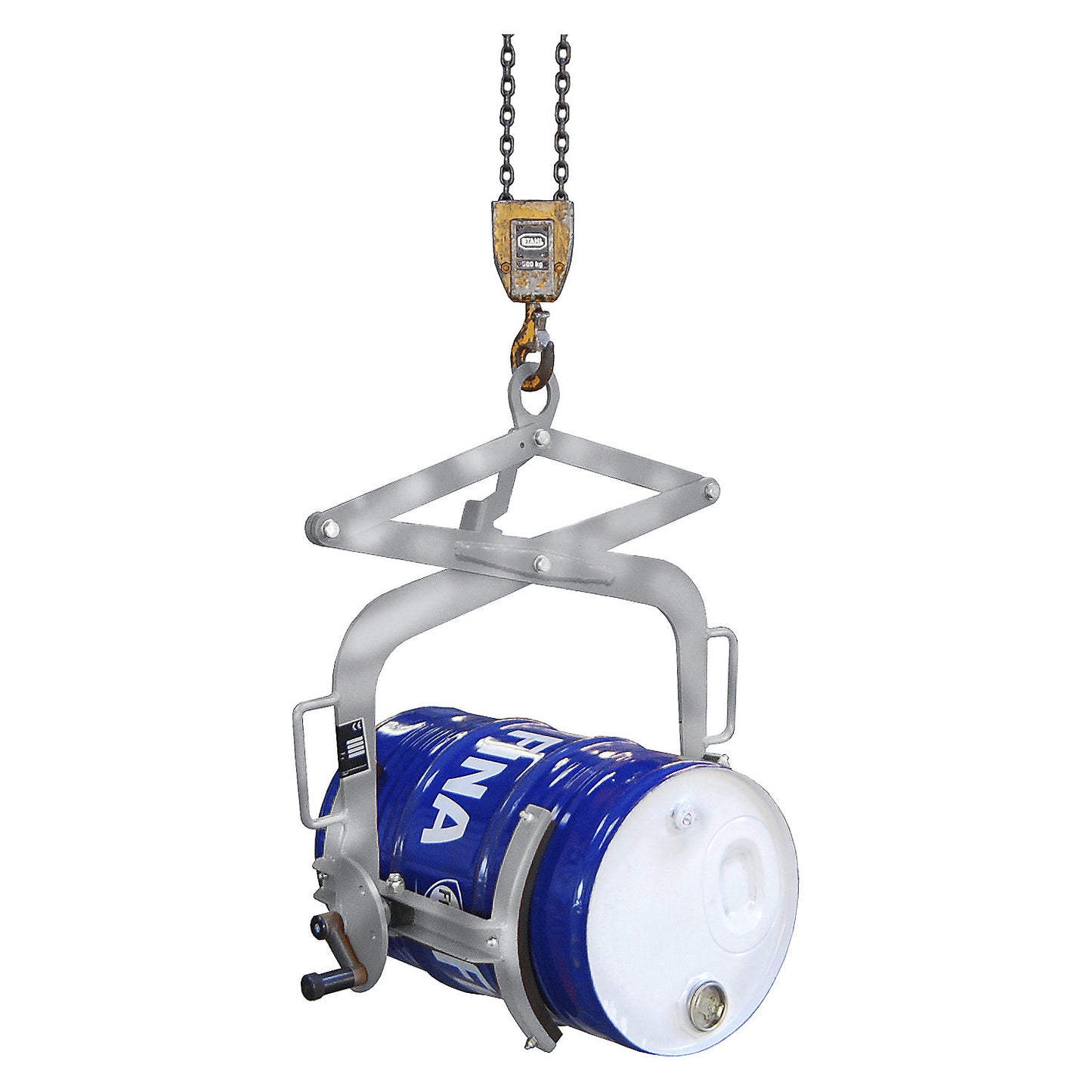 Drum tilting clamp, for 60 l steel bung drums and drums with lids, galvanised.