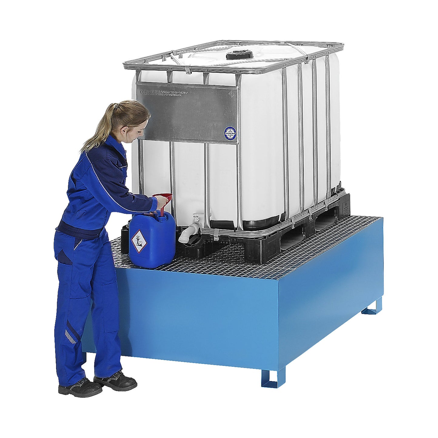 Steel sump tray for IBC/CTC tank containers, for 1 x 1000 l container / 4 x 200 l vertical drums, powder coated, blue RAL 5012.