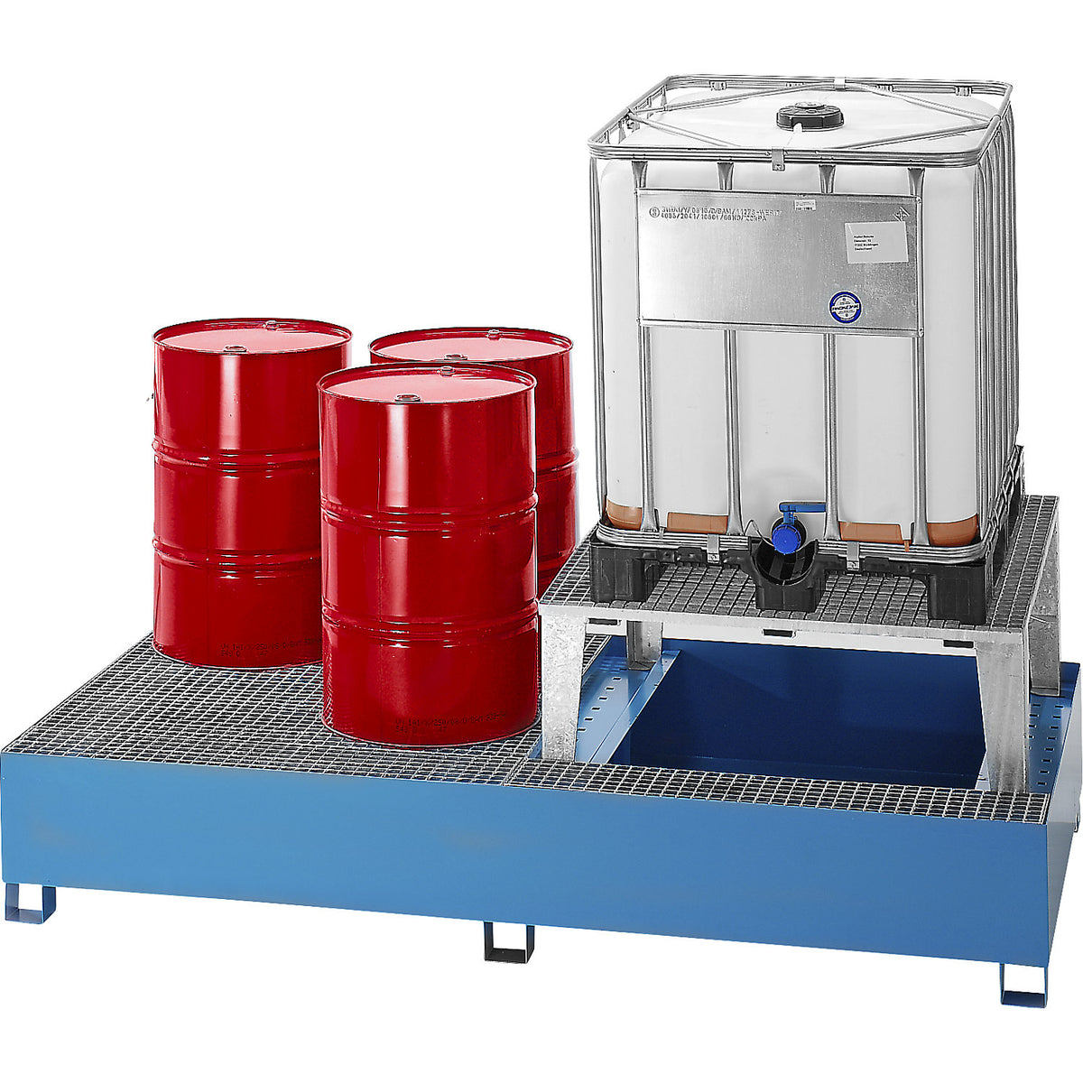 Steel sump tray for IBC/CTC tank containers, for 2 x 1000 l containers, 1 filling attachment, powder coated, blue RAL 5012.