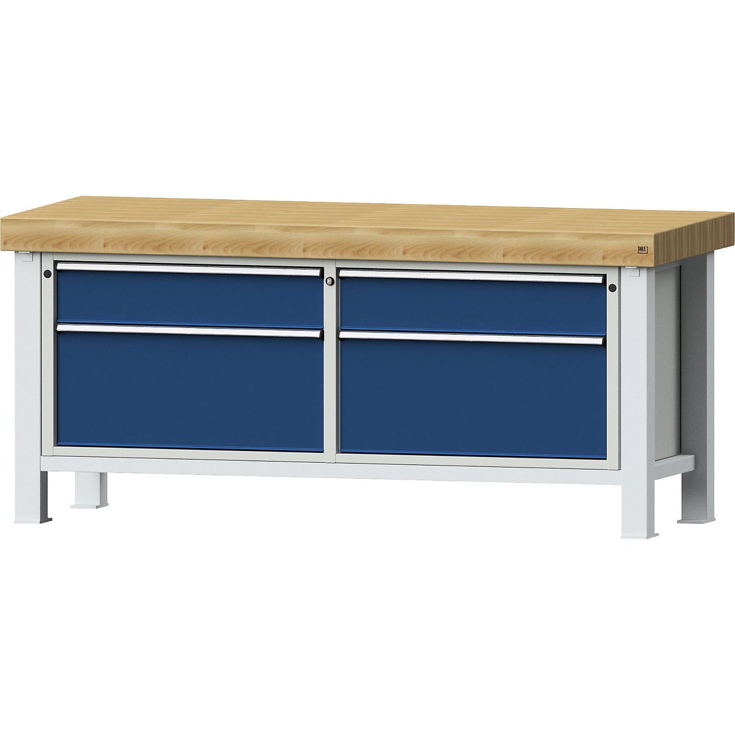 Heavy duty workbench, 2 drawers on left, 2 drawers on right, solid beech worktop 100 mm.