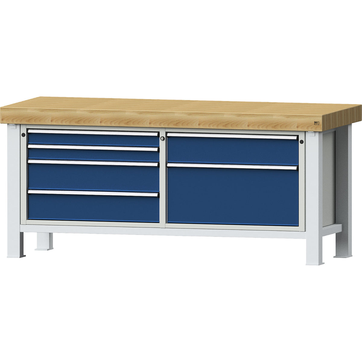 Heavy duty workbench, 4 drawers on left, 2 drawers on right, solid beech worktop 100 mm.