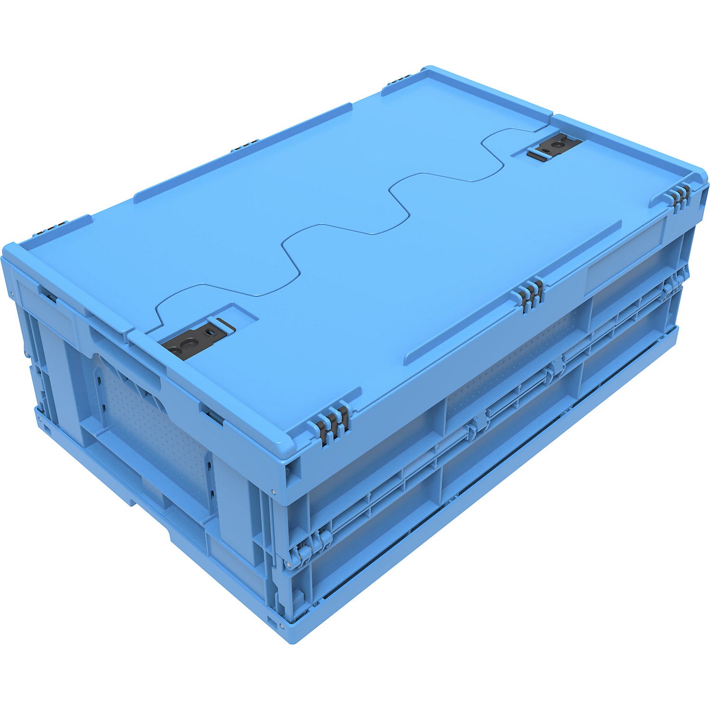 Polypropylene folding box, capacity 44 l, with hinged lid, blue, stackable.