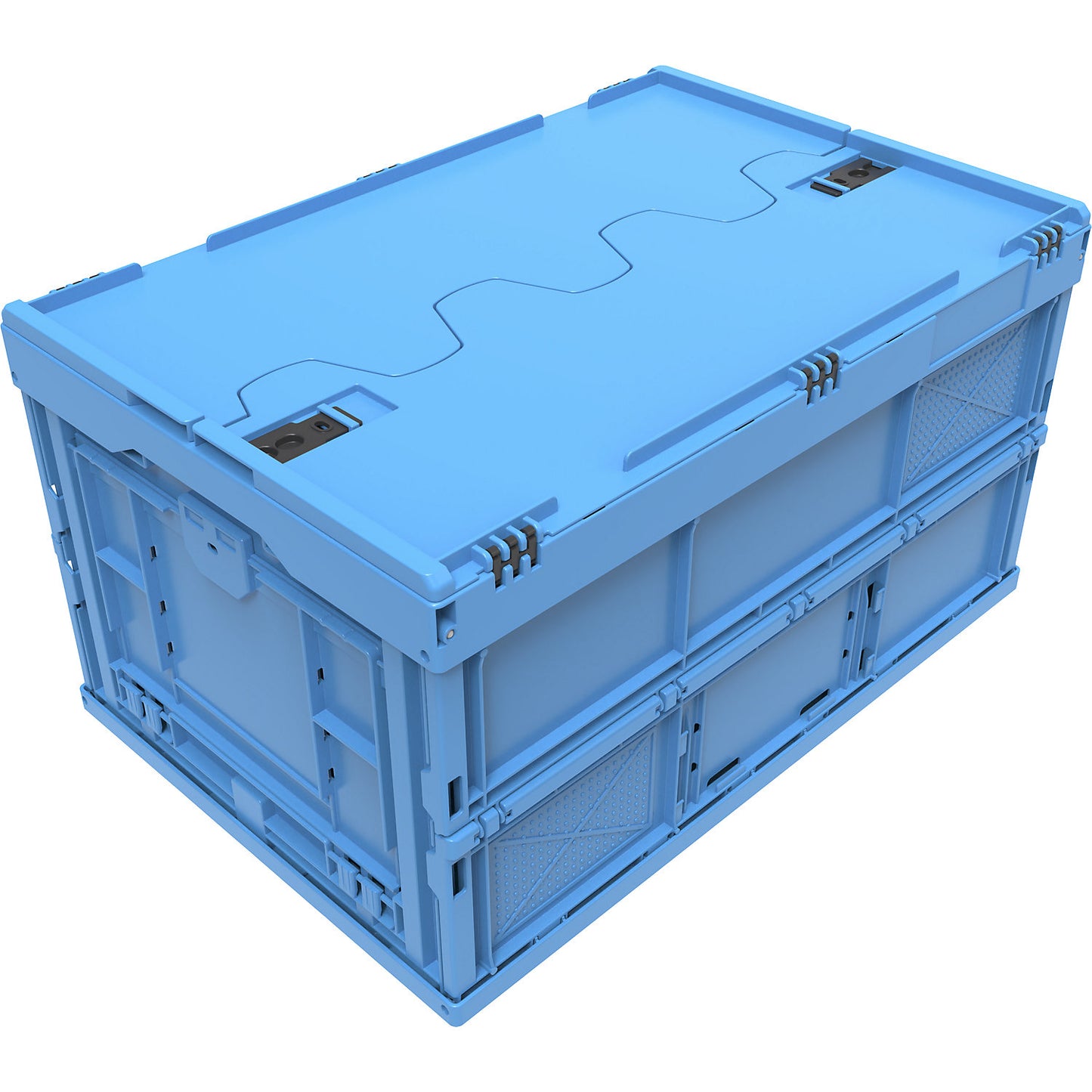 Polypropylene folding box, capacity 65 l, closed with access flap at front, blue, with hinged lid, stackable.