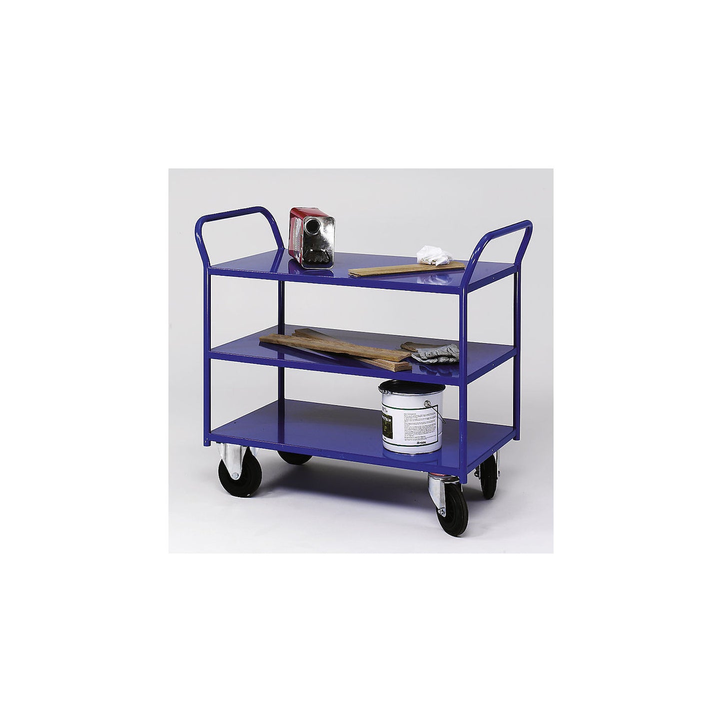 KM41 table trolley, 3 shelves with raised edges, LxWxH 1070 x 550 x 1000 mm, white, 2 swivel castors and 2 fixed castors.